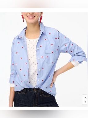 J. Crew Light Blue Button-Down with Red Heart Print - size M
